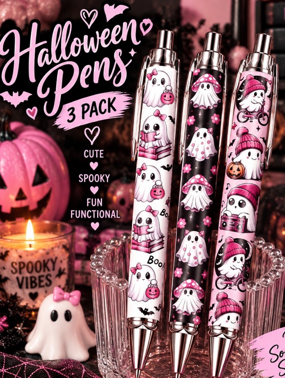 Cute Halloween Ghost Retractable Ballpoint Pens - 3 Pack (Pink & Black)!!